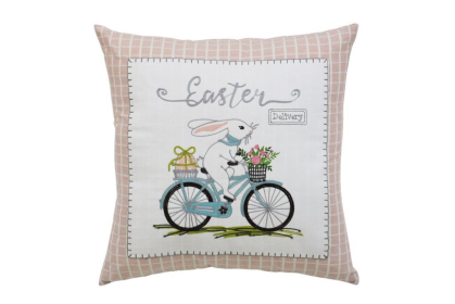 Light Pink Checkered Easter Bunny on Bicycle Throw Pillow