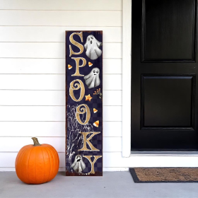 Black Gold Orange Spooky Halloween Ghost Wood Porch Sign