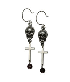 Skull With Cross Garnet Earrings