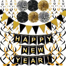 Happy New Year Black Banner with Gold Black Paper Flag