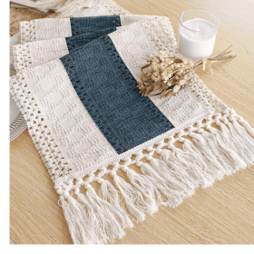 Boho Blue Table Runner 72 Inches Long with Tassels