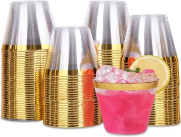 100 Pack Gold Rimmed Plastic Cups, Hard Clear Cups