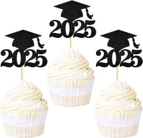 36 Pack Black Glitter Graduation Cap Cupcake Toppers