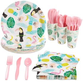 Tropical Paper Plates, Flamingo Napkins, Cups, Pink Cutlery for Hawaiian Luau
