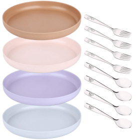 Bamboo Plates and Stainless Steel Silverware Set