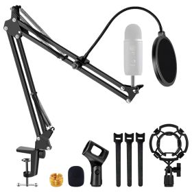5 Core Microphone Arm Stand Upgraded Adjustable Suspension Boom Scissor Arm Mic Holder with Pop Filter 3/8" to 5/8" Adapter Mic Clip Shock Mount Cable