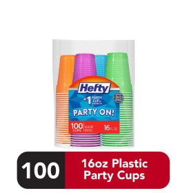 Hefty Party On Disposable Plastic Cups, Assorted Colors, 16 oz, 100 Count