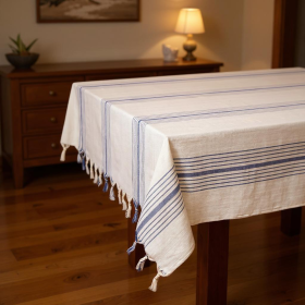Cream And Blue Striped Cotton Tablecloth, Napkins Set (size: 20" x 20" x 30")