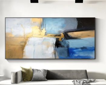 Large Minimalist Abstract Art Gold Blue Handmade Painting (Style: 01, size: 80x160cm)