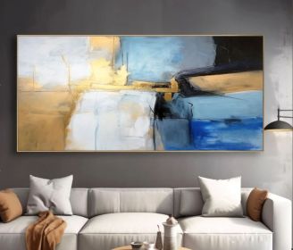 Large Minimalist Abstract Art Gold Blue Handmade Painting (Style: 01, size: 100x200cm)