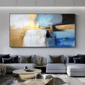 Large Minimalist Abstract Art Gold Blue Handmade Painting (Style: 01, size: 40x80cm)