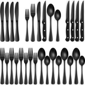24-Piece Black Silverware Set with Steak Knives (Color: BLACK)