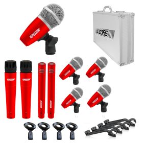 5 CORE Professional Drum Mic Kit 9 Piece Tom Snare Kick set XLR Wired Dynamic Microphone Set for Studio and On Stage Live Use - DM 9RND (Color: Red)