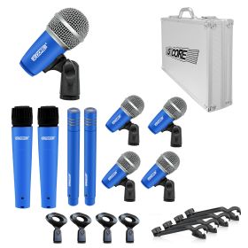 5 CORE Professional Drum Mic Kit 9 Piece Tom Snare Kick set XLR Wired Dynamic Microphone Set for Studio and On Stage Live Use - DM 9RND (Color: Blue)